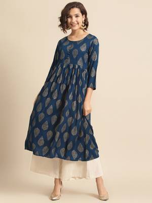 Divawalk Blue Gold Printed Pleated Kurta 1