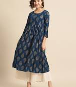 Divawalk Blue Gold Printed Pleated Kurta