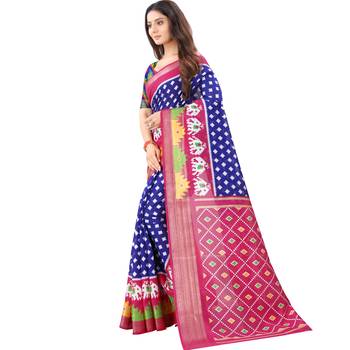 Women's Blue Ikkat Pallu Hand-block Prints Sarees With Blouse 2