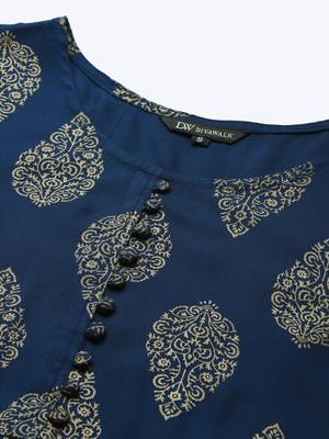 Divawalk Blue Gold Printed Pleated Kurta 2