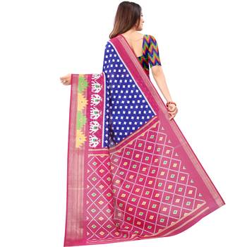Women's Blue Ikkat Pallu Hand-block Prints Sarees With Blouse 3