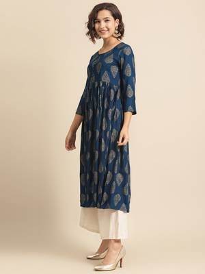 Divawalk Blue Gold Printed Pleated Kurta 3