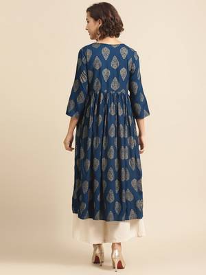 Divawalk Blue Gold Printed Pleated Kurta 4