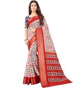 Women's Off White Ikkat Pallu Hand-block Prints Sarees With Blouse