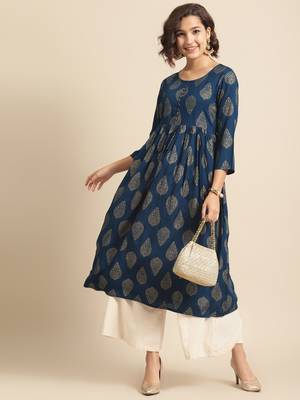 Divawalk Blue Gold Printed Pleated Kurta 5
