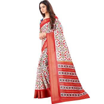 Women's Off White Ikkat Pallu Hand-block Prints Sarees With Blouse 2