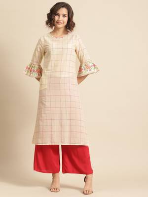 Divawalk White Checked Printed A-Line Kurta With ruffle Sleeve 1