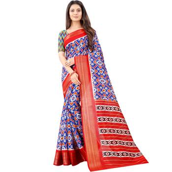 Women's Blue Ikkat Pallu Hand-block Prints Sarees With Blouse 1