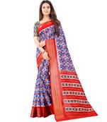 Women's Blue Ikkat Pallu Hand-block Prints Sarees With Blouse