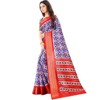 Women's Blue Ikkat Pallu Hand-block Prints Sarees With Blouse 2
