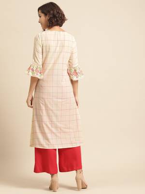 Divawalk White Checked Printed A-Line Kurta With ruffle Sleeve 4