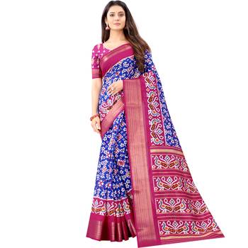 Women's Blue Ikkat Pallu Hand-block Prints Sarees With Blouse 1