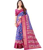 Women's Blue Ikkat Pallu Hand-block Prints Sarees With Blouse