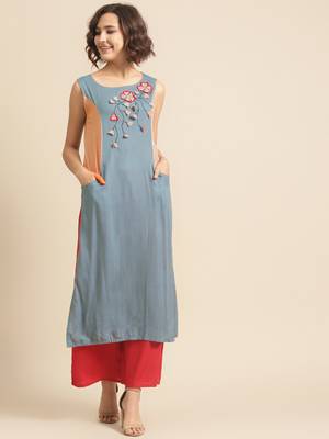 Divawalk Blue & Beige Embroidered Neck design Kurta 1