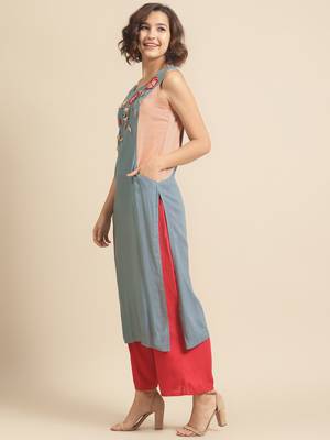 Divawalk Blue & Beige Embroidered Neck design Kurta 3
