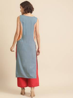 Divawalk Blue & Beige Embroidered Neck design Kurta 4