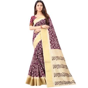 Women's Wine Ikkat Pallu Hand-block Prints Sarees With Blouse 1