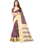 Women's Wine Ikkat Pallu Hand-block Prints Sarees With Blouse