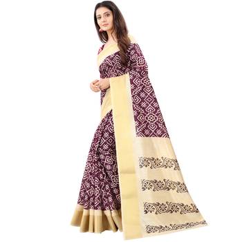 Women's Wine Ikkat Pallu Hand-block Prints Sarees With Blouse 2