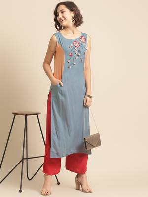 Divawalk Blue & Beige Embroidered Neck design Kurta 5