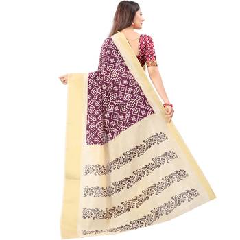 Women's Wine Ikkat Pallu Hand-block Prints Sarees With Blouse 3