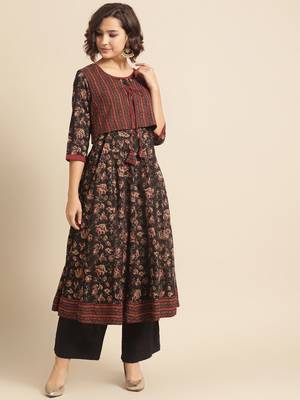 Divawalk Brown printed Anarkali kurta wih jacket 1
