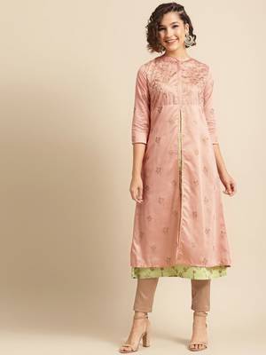 Peach green printed double layered kurta 1