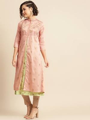 Peach green printed double layered kurta 3