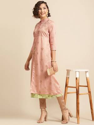 Peach green printed double layered kurta 5