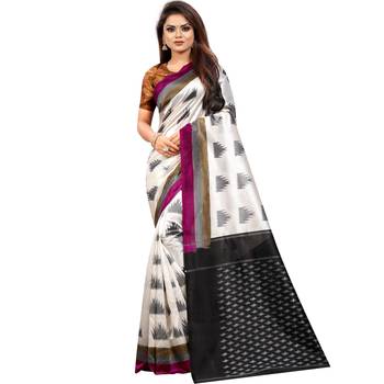 Off White Butter Silk IKKAT Prints Sarees With Blouse 1