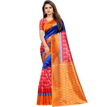 Orange Butter Silk IKKAT Prints Sarees With Blouse 1