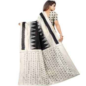 Black Butter Silk IKKAT Prints Sarees With Blouse 2