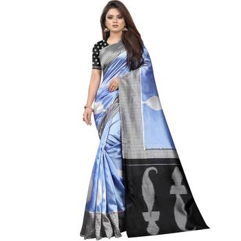 Sky Blue Butter Silk IKKAT Prints Sarees With Blouse 1