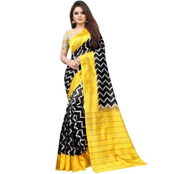Black Butter Silk IKKAT Prints Sarees With Blouse 1