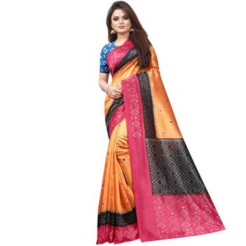 Orange Butter Silk IKKAT Prints Sarees With Blouse 1