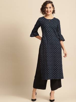 Divawalk Navy blue checks straight kurta 1