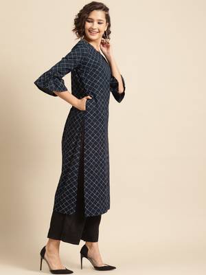 Divawalk Navy blue checks straight kurta 3