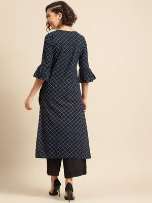 Divawalk Navy blue checks straight kurta 4