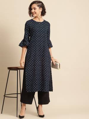 Divawalk Navy blue checks straight kurta 5