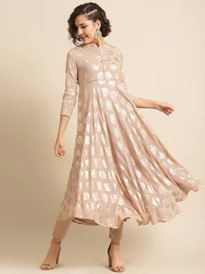 divawalk Beige Gold Khari Printed Flared Anarkali 1