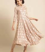 divawalk Beige Gold Khari Printed Flared Anarkali
