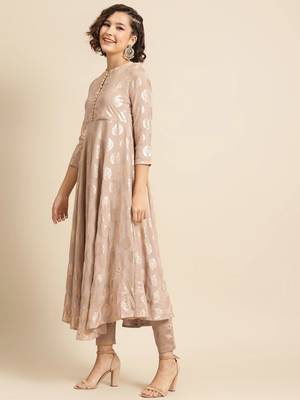 divawalk Beige Gold Khari Printed Flared Anarkali 3