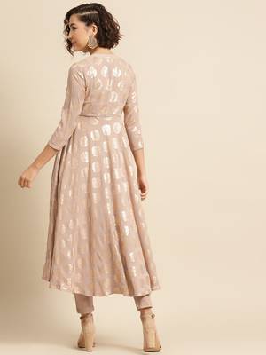divawalk Beige Gold Khari Printed Flared Anarkali 4