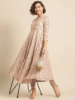 divawalk Beige Gold Khari Printed Flared Anarkali 5