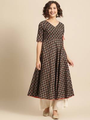 divawalk Brown & Orange Printed Angrakha Style Anarkali 1