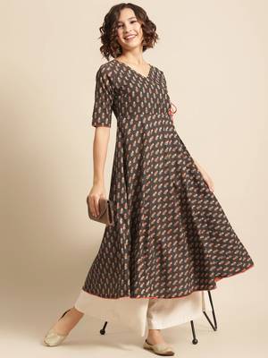 divawalk Brown & Orange Printed Angrakha Style Anarkali 5