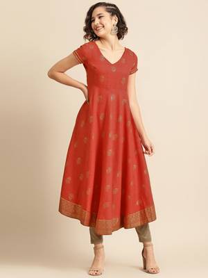 divawalk Red Gold Printed Flared Anarkali 1