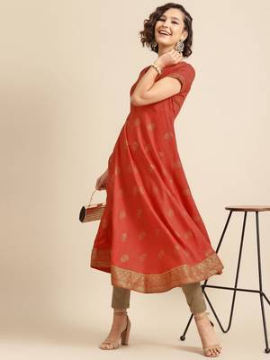 divawalk Red Gold Printed Flared Anarkali 5