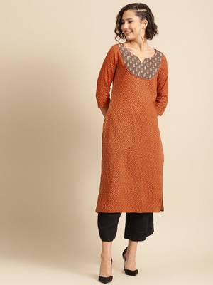 divawalk Orange & Brown Printed Straight Kurta 1