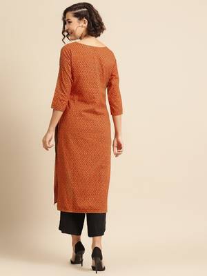 divawalk Orange & Brown Printed Straight Kurta 4